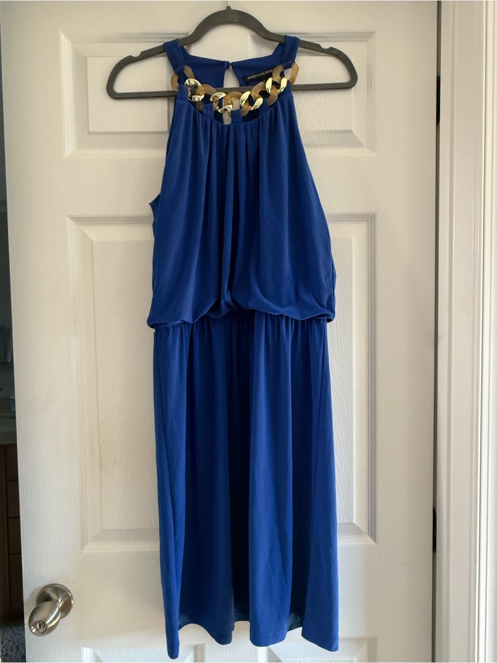 Royal Blue Halter Dress with Gold Chain Detail